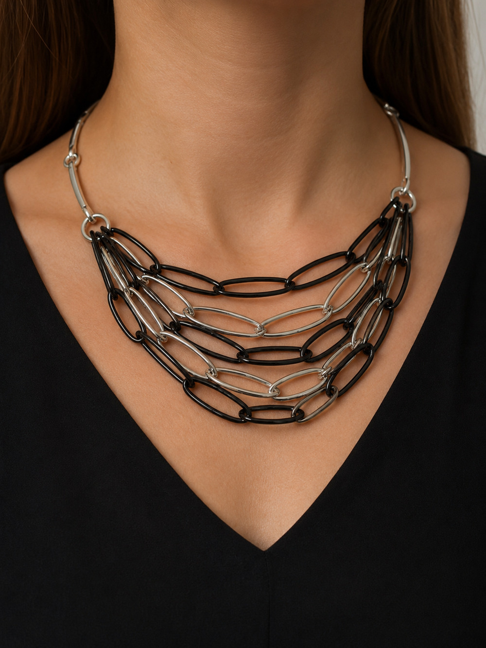 Premier Designs Layered Chain Bib Necklace Silver Tone Gunmetal Tone Adjustable